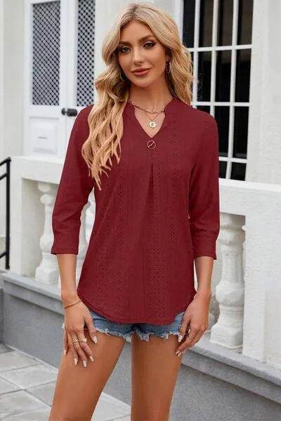 Eyelet Notched Knit Jacquard Top - Bona Fide Fashion