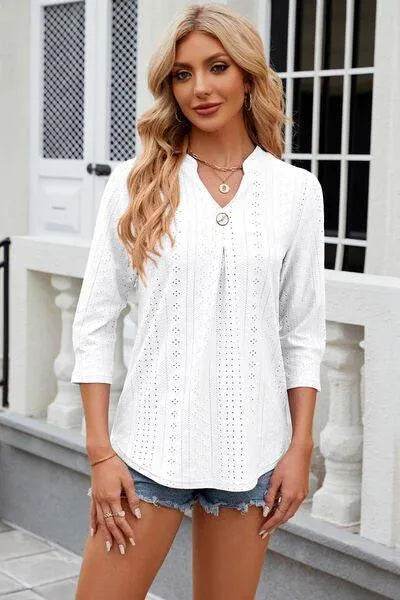 Eyelet Notched Knit Jacquard Top - Bona Fide Fashion