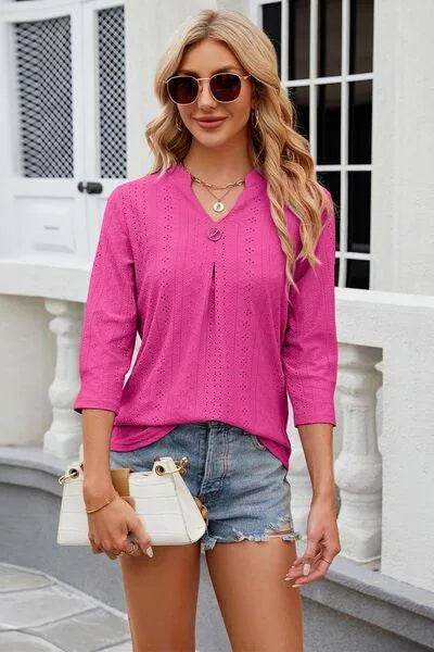 Eyelet Notched Knit Jacquard Top - Bona Fide Fashion