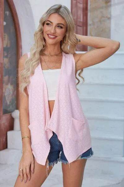 Eyelet Open Front Sleeveless Cardigan - Bona Fide Fashion