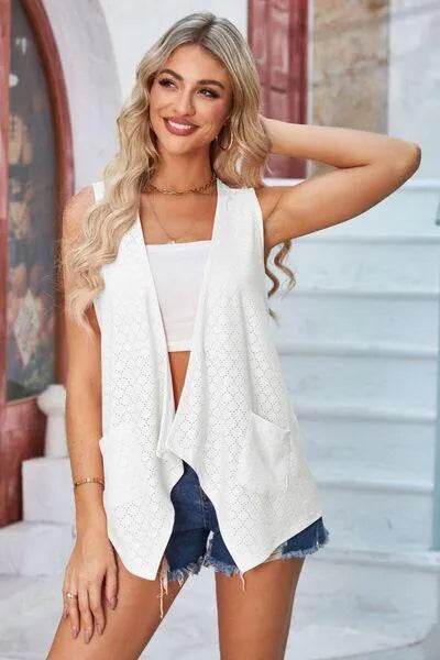 Eyelet Open Front Sleeveless Cardigan - Bona Fide Fashion