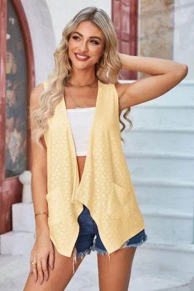 Eyelet Open Front Sleeveless Cardigan - Bona Fide Fashion