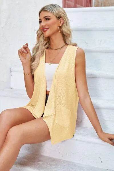 Eyelet Open Front Sleeveless Cardigan - Bona Fide Fashion