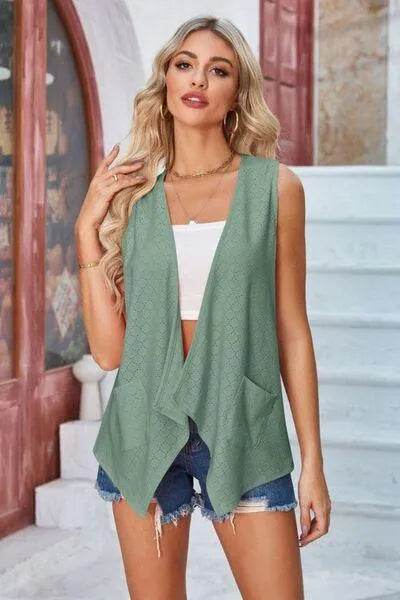 Eyelet Open Front Sleeveless Cardigan - Bona Fide Fashion