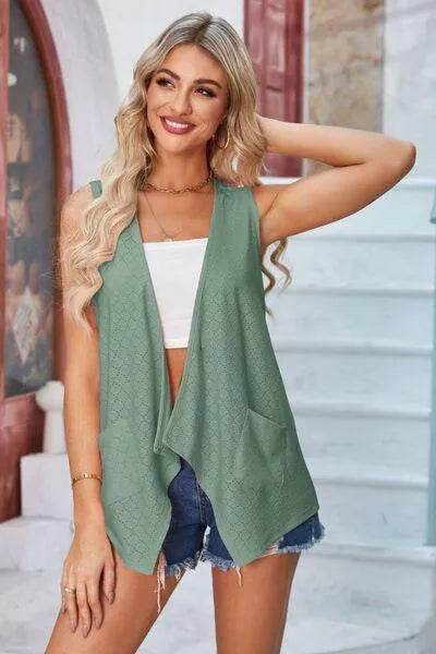Eyelet Open Front Sleeveless Cardigan - Bona Fide Fashion
