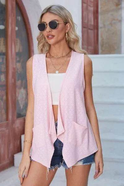 Eyelet Open Front Sleeveless Cardigan - Bona Fide Fashion
