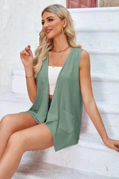 Eyelet Open Front Sleeveless Cardigan - Bona Fide Fashion