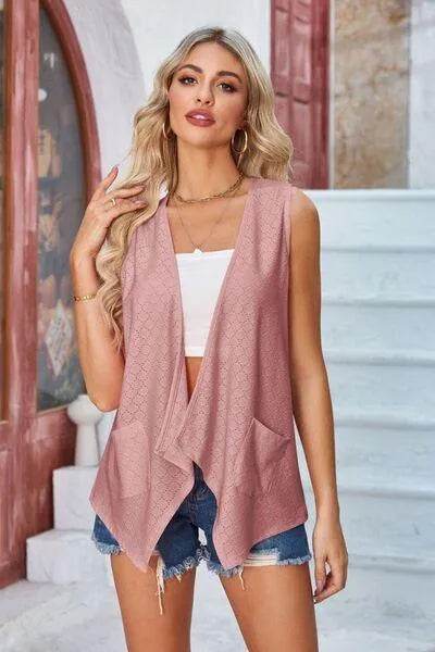 Eyelet Open Front Sleeveless Cardigan - Bona Fide Fashion