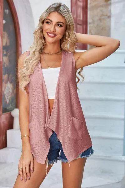 Eyelet Open Front Sleeveless Cardigan - Bona Fide Fashion