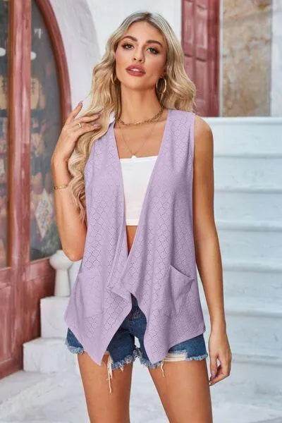 Eyelet Open Front Sleeveless Cardigan - Bona Fide Fashion