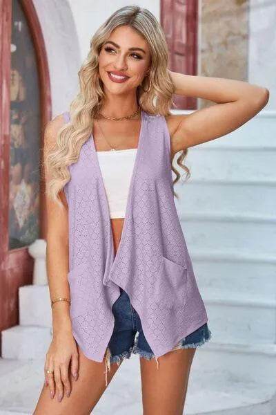 Eyelet Open Front Sleeveless Cardigan - Bona Fide Fashion