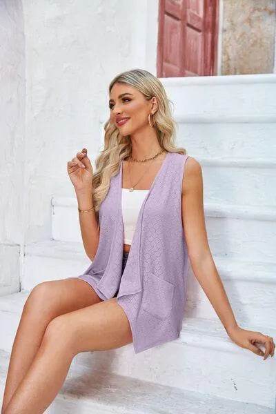 Eyelet Open Front Sleeveless Cardigan - Bona Fide Fashion
