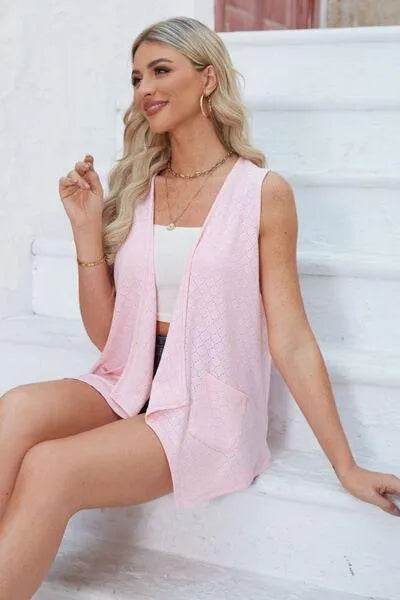 Eyelet Open Front Sleeveless Cardigan - Bona Fide Fashion