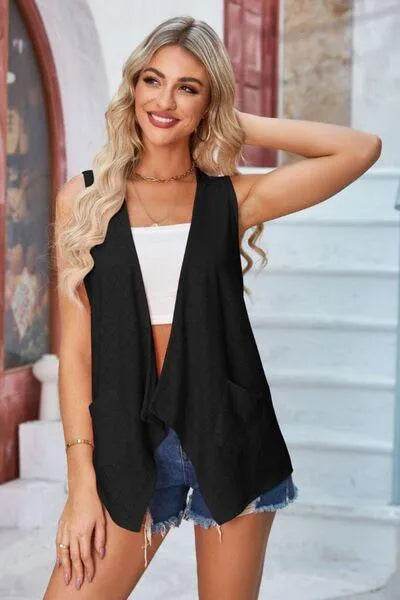 Eyelet Open Front Sleeveless Cardigan - Bona Fide Fashion