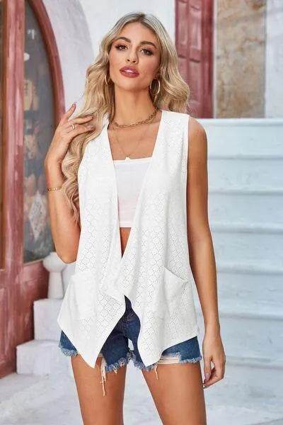 Eyelet Open Front Sleeveless Cardigan - Bona Fide Fashion