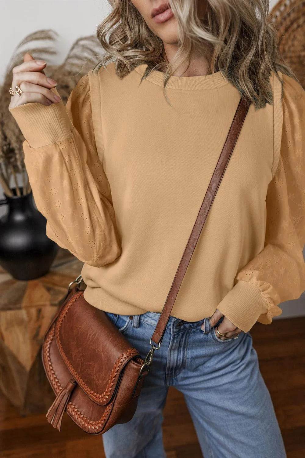 Eyelet Round Neck Long Sleeve Sweatshirt - Bona Fide Fashion