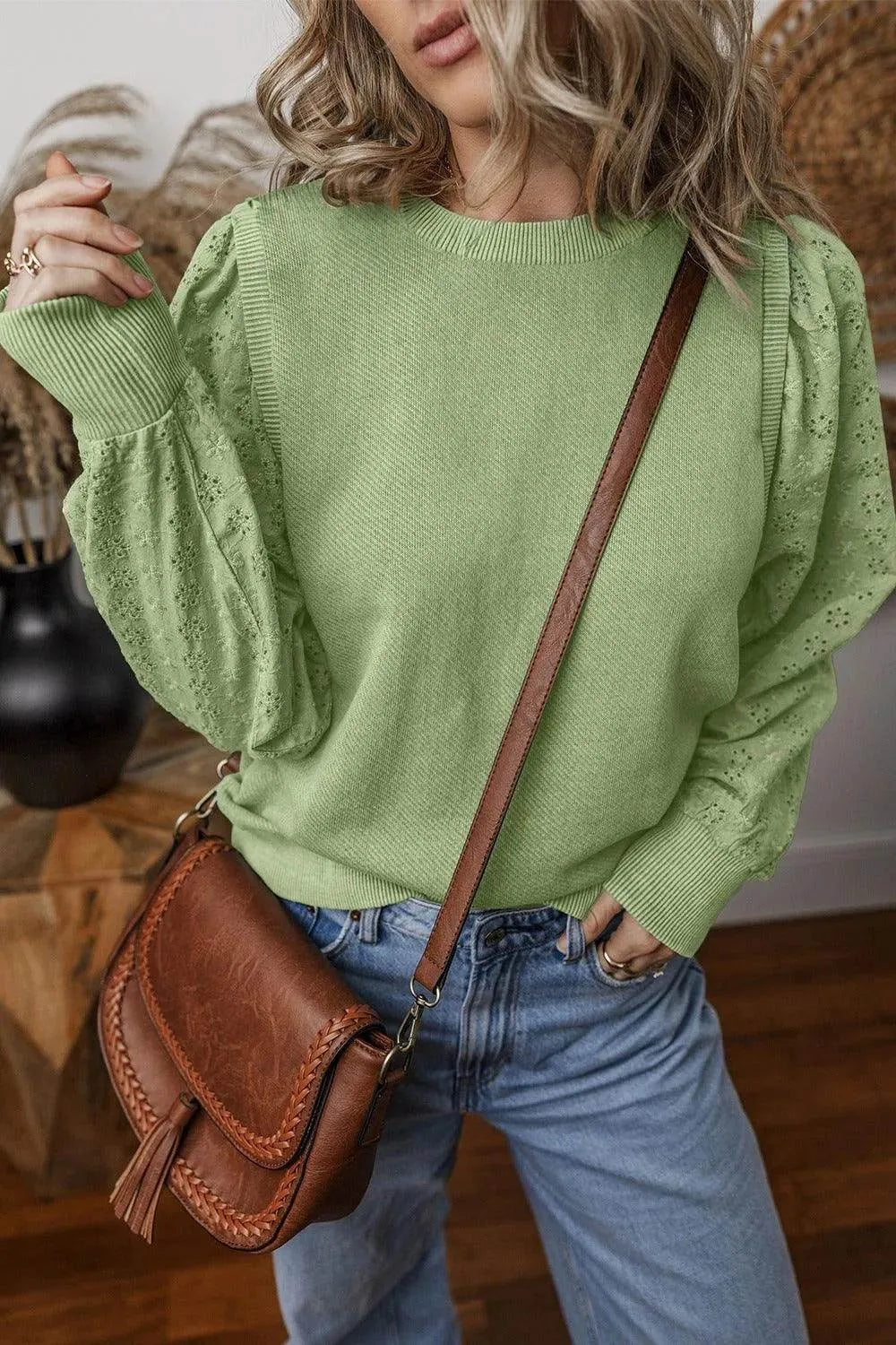 Eyelet Round Neck Long Sleeve Sweatshirt - Bona Fide Fashion