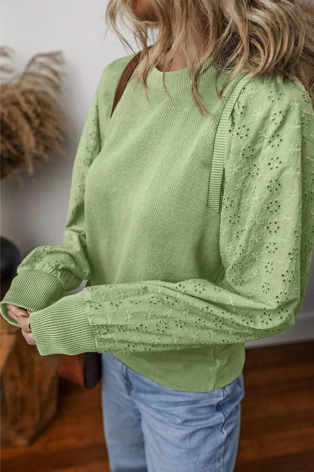 Eyelet Round Neck Long Sleeve Sweatshirt - Bona Fide Fashion