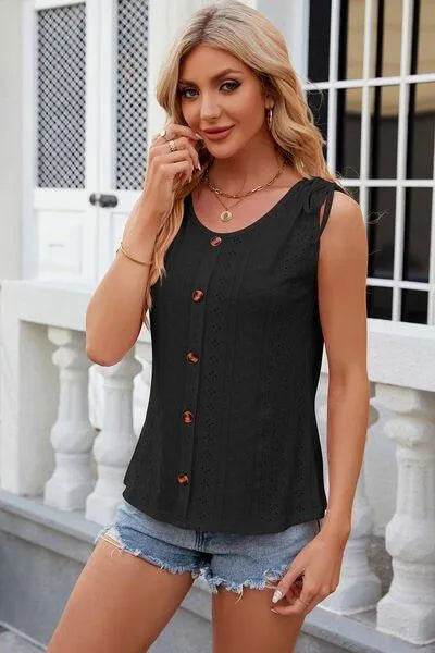 Eyelet Round Neck Wide Strap Tank - Bona Fide Fashion
