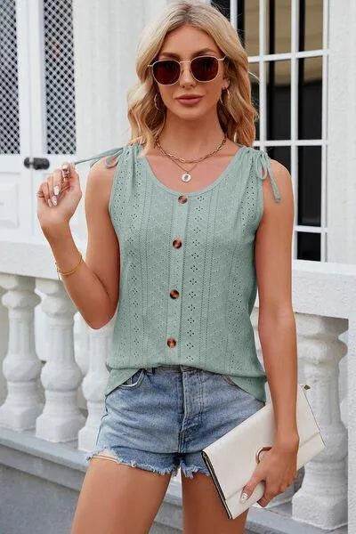 Eyelet Round Neck Wide Strap Tank - Bona Fide Fashion