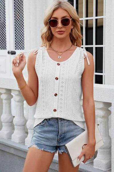 Eyelet Round Neck Wide Strap Tank - Bona Fide Fashion