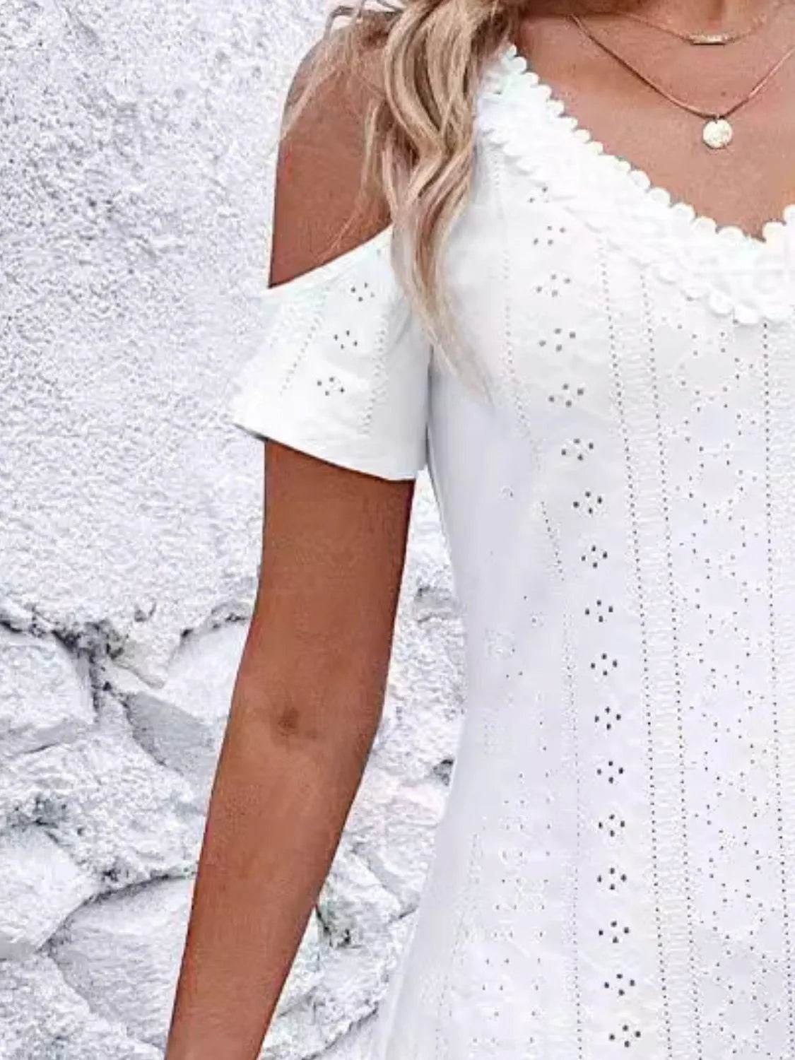 Eyelet V-Neck Cold Shoulder Mini Dress - Bona Fide Fashion