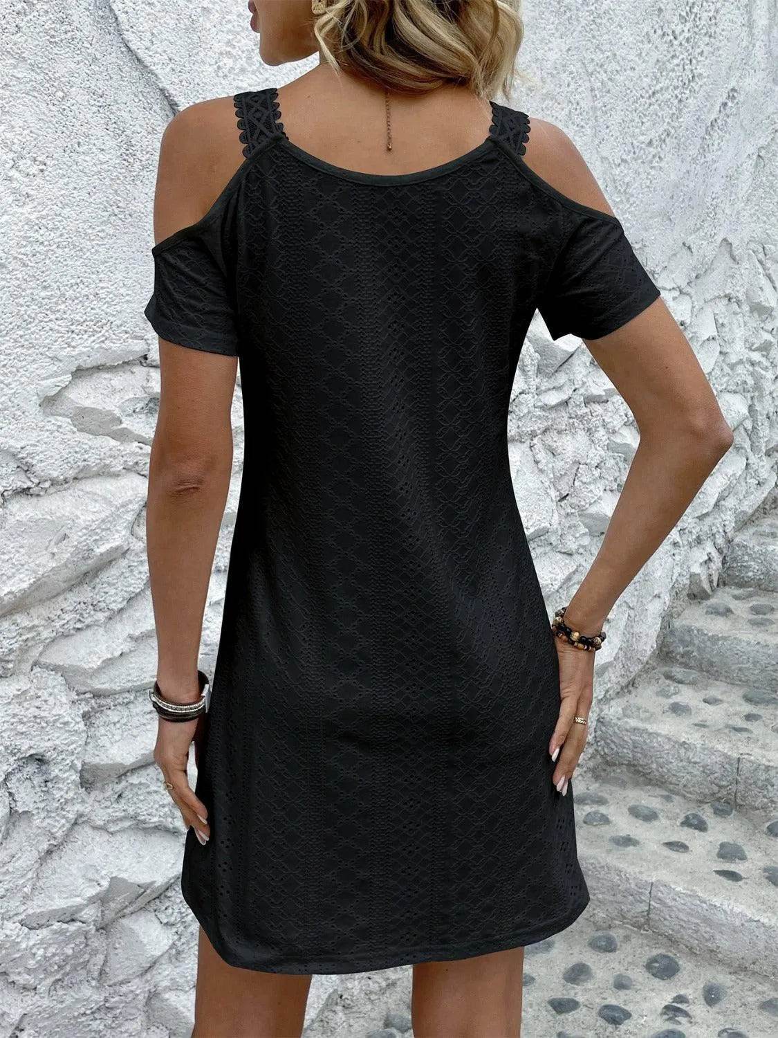 Eyelet V-Neck Cold Shoulder Mini Dress - Bona Fide Fashion