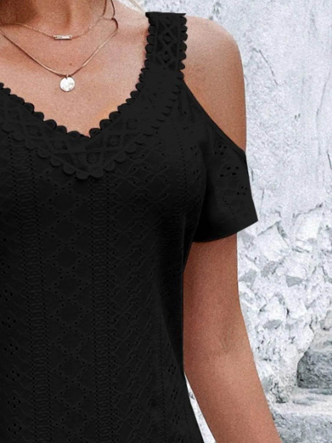 Eyelet V-Neck Cold Shoulder Mini Dress - Bona Fide Fashion