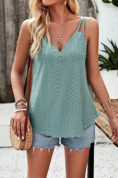 Eyelet V-Neck Double Strap Cami - Bona Fide Fashion