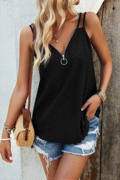 Eyelet V-Neck Double Strap Cami - Bona Fide Fashion