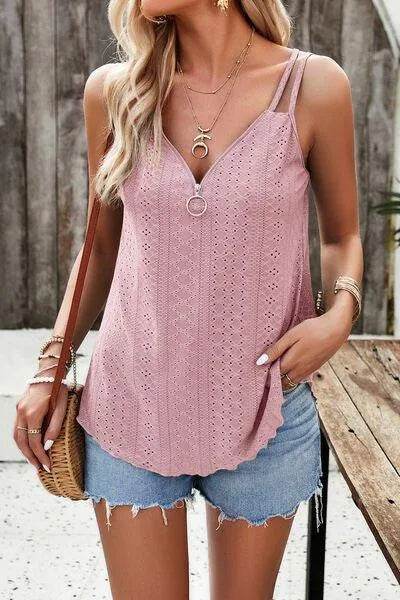 Eyelet V-Neck Double Strap Cami - Bona Fide Fashion