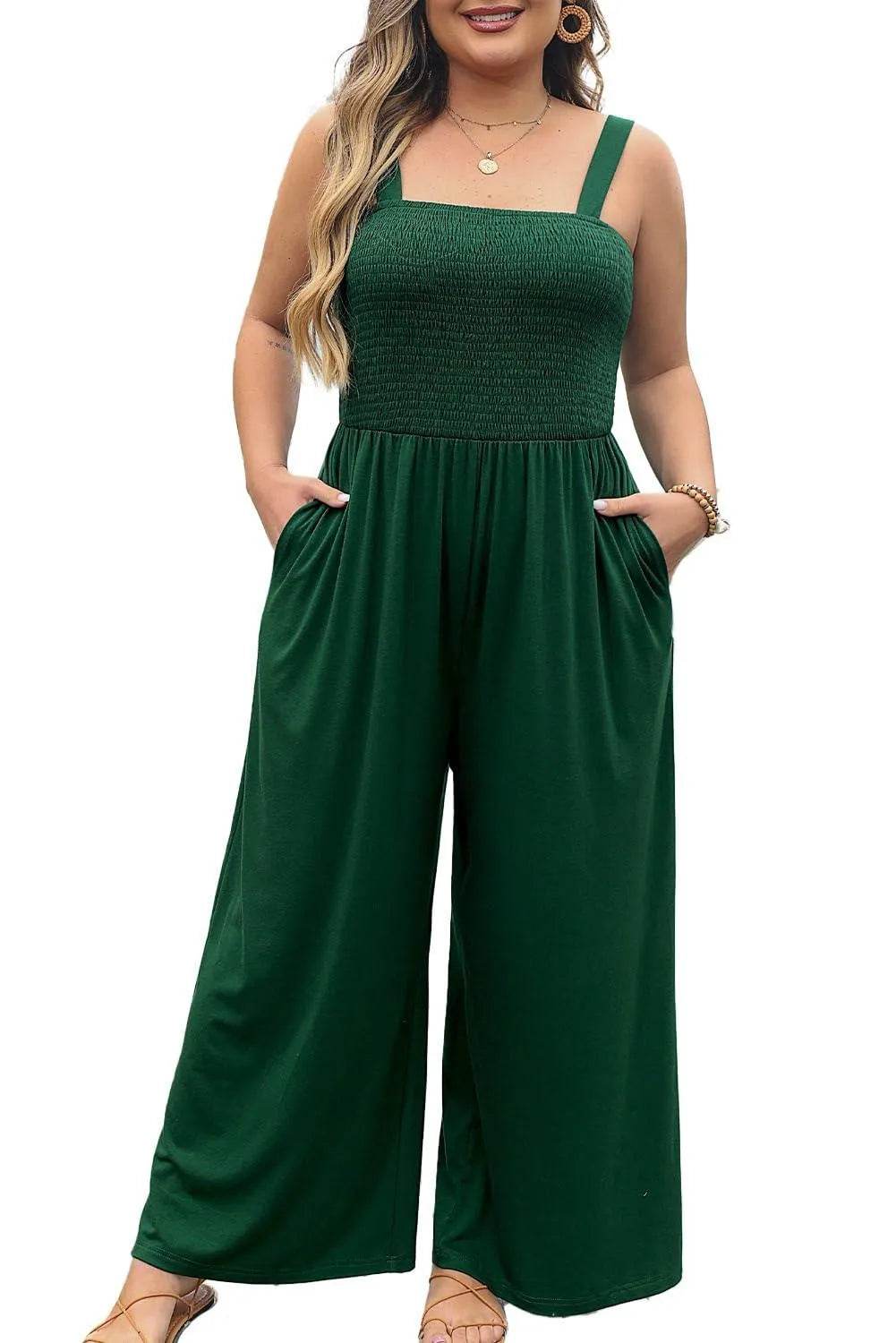 Eytino Womens Plus size Overalls Sleeveless Stretchy Wide Leg Pants Romper Jumpsuit with Pockets,3X Blackish Green - Bona Fide Fashion