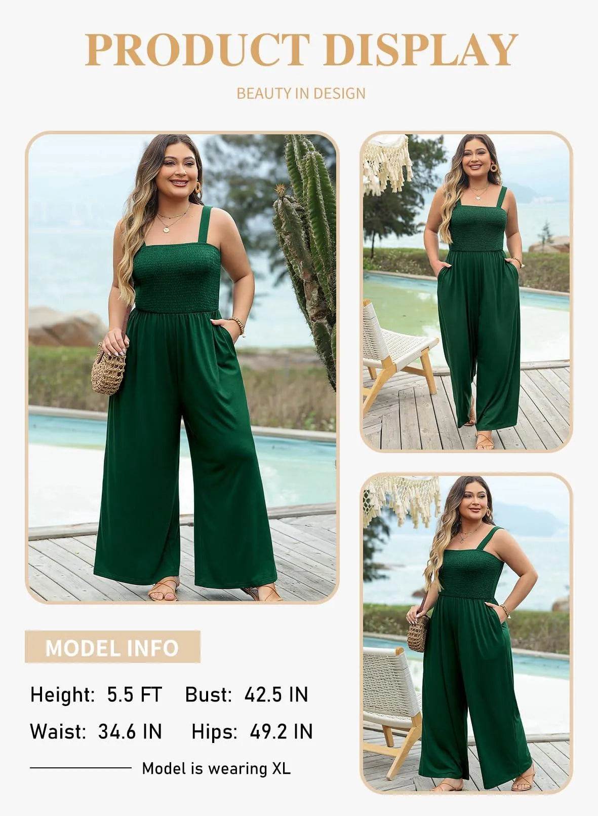 Eytino Womens Plus size Overalls Sleeveless Stretchy Wide Leg Pants Romper Jumpsuit with Pockets,3X Blackish Green - Bona Fide Fashion
