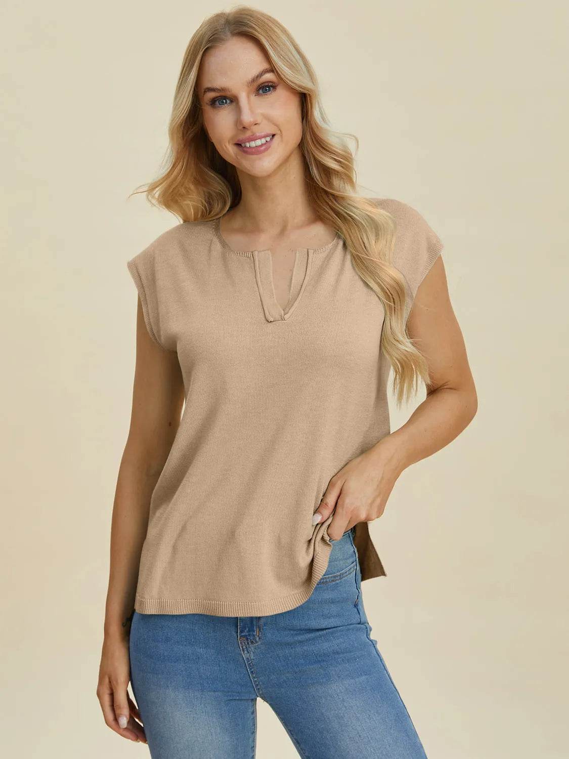 Double Take Full Size Notched Cap Sleeve Knit Top - Bona Fide Fashion