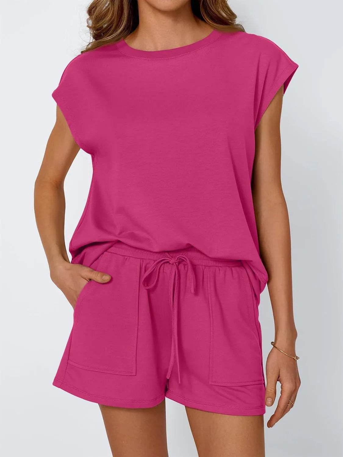 Round Neck Cap Sleeve Top and Shorts Set - Bona Fide Fashion