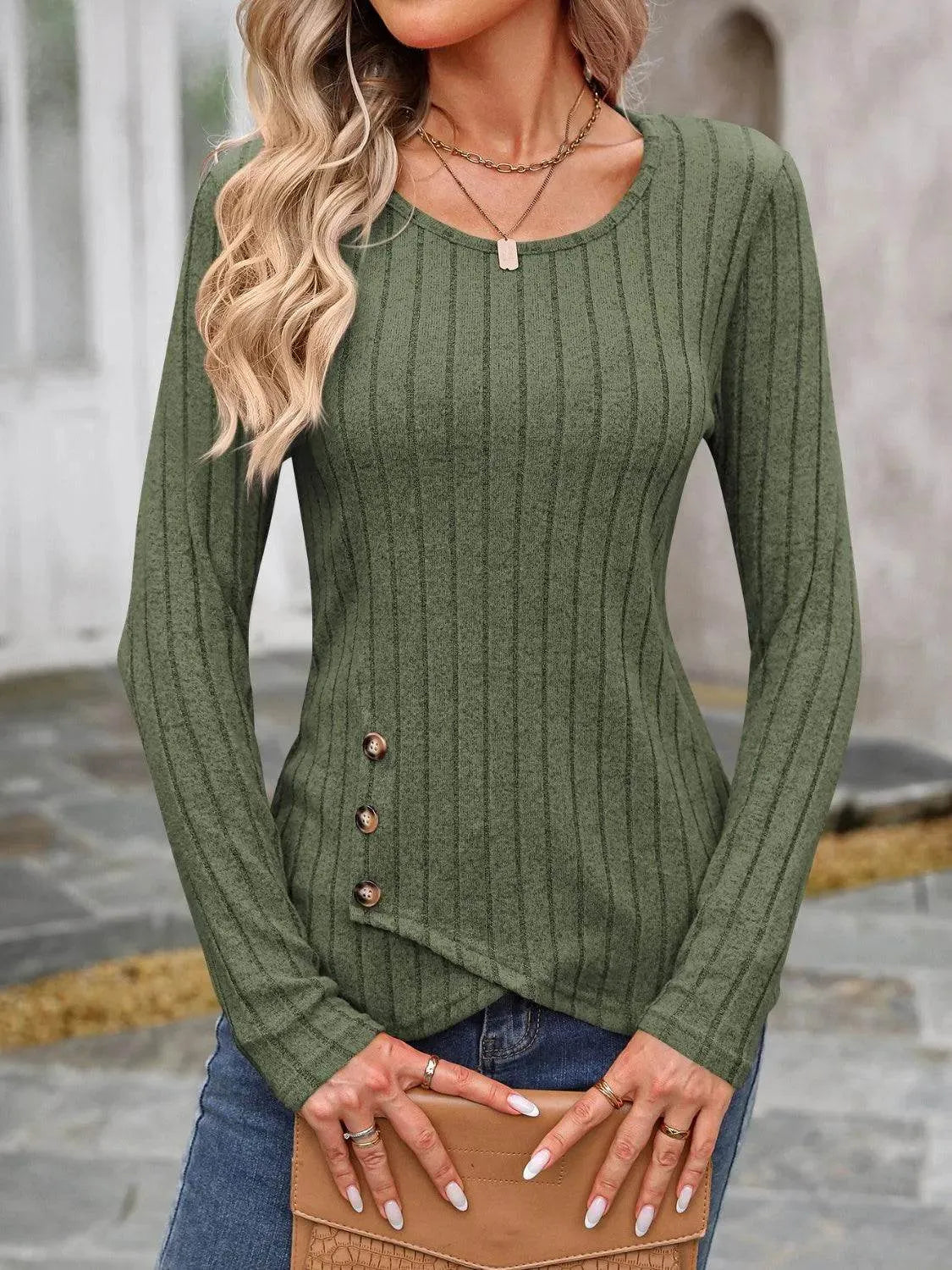 Decorative Button Round Neck Long Sleeve T-Shirt - Bona Fide Fashion