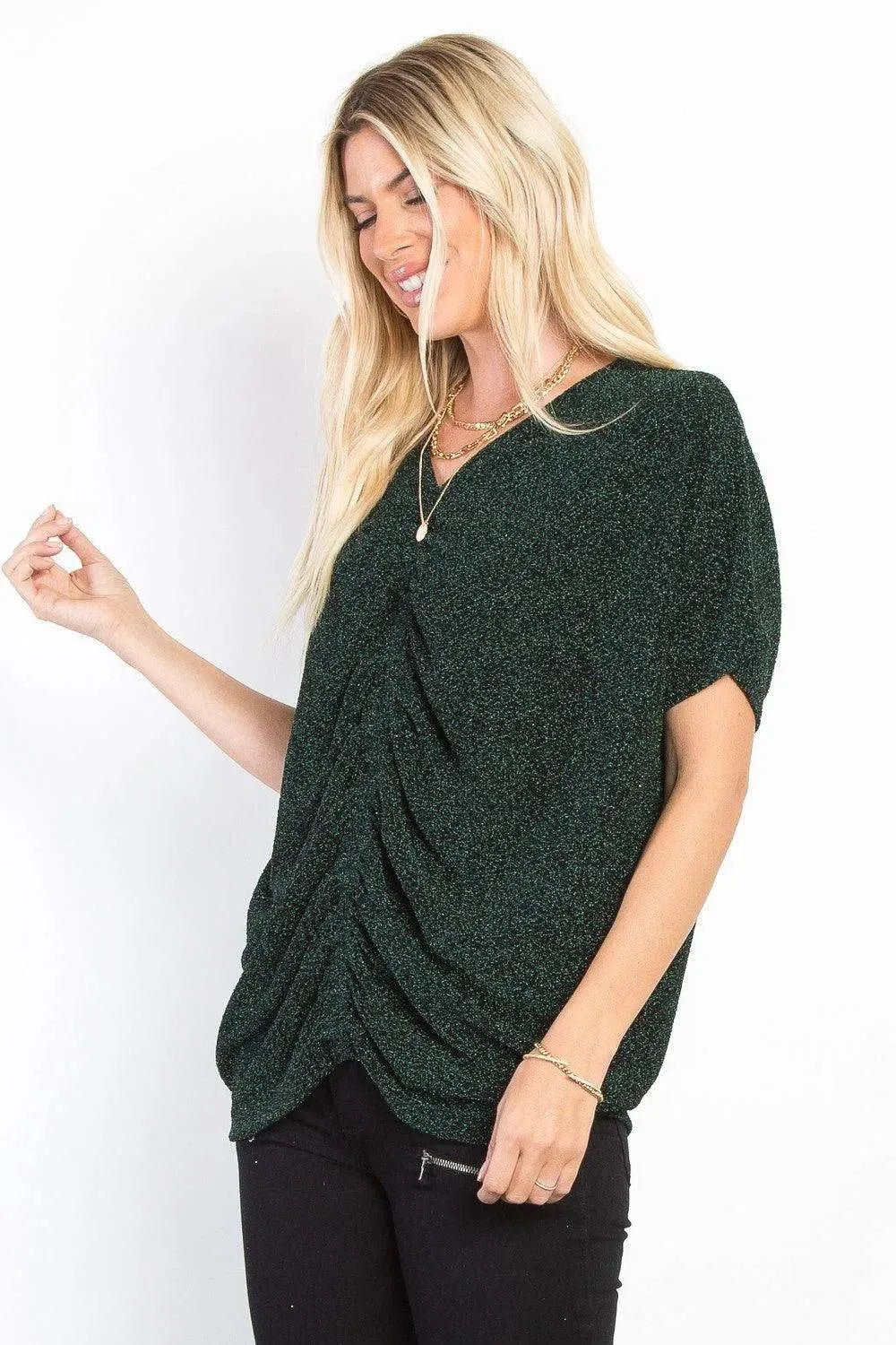 Be Stage Lurex Cinched Knit Top – Full Size Sparkly Long Sleeve Stretch Shirt - Bona Fide Fashion