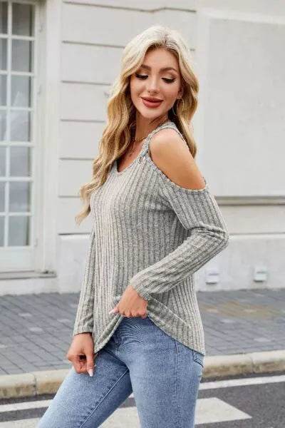 Ribbed Cold Shoulder Long Sleeve Top - Bona Fide Fashion