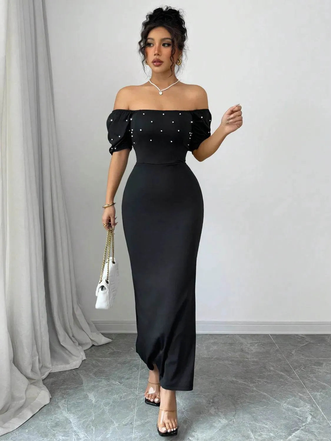Off Shoulder Short Sleeve Maxi Dress - Bona Fide Fashion