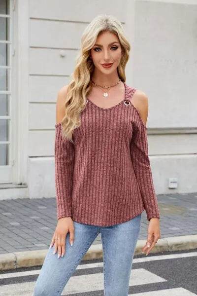 Ribbed Cold Shoulder Long Sleeve Top - Bona Fide Fashion