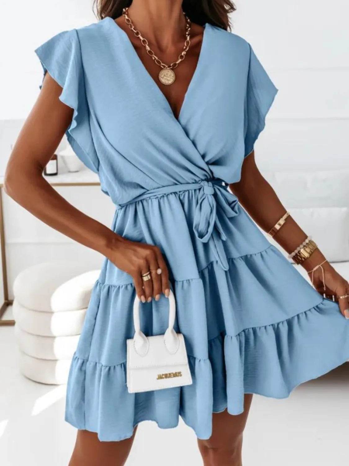Ruffled Surplice Cap Sleeve Mini Dress - Bona Fide Fashion