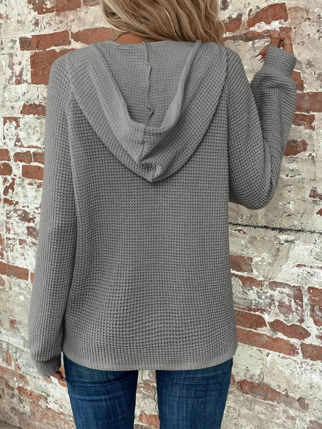Waffle Knit Long Sleeve Drawstring Hooded Top - Bona Fide Fashion