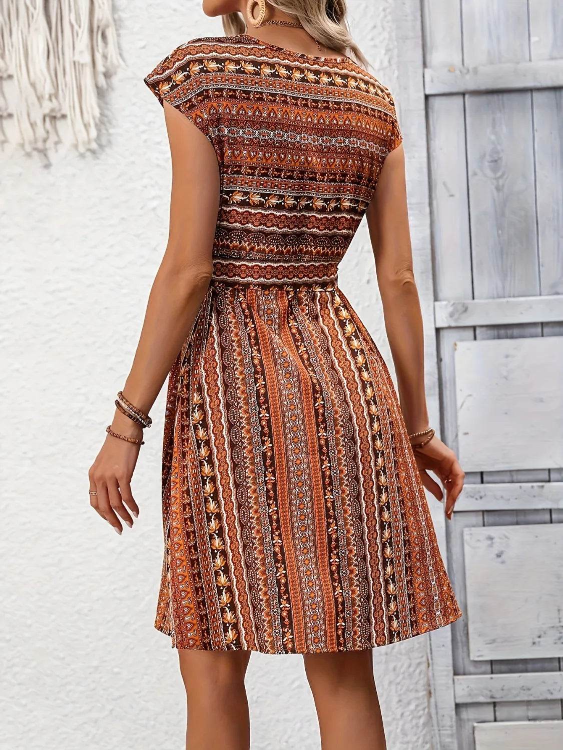 Printed Round Neck Cap Sleeve Dress - Bona Fide Fashion