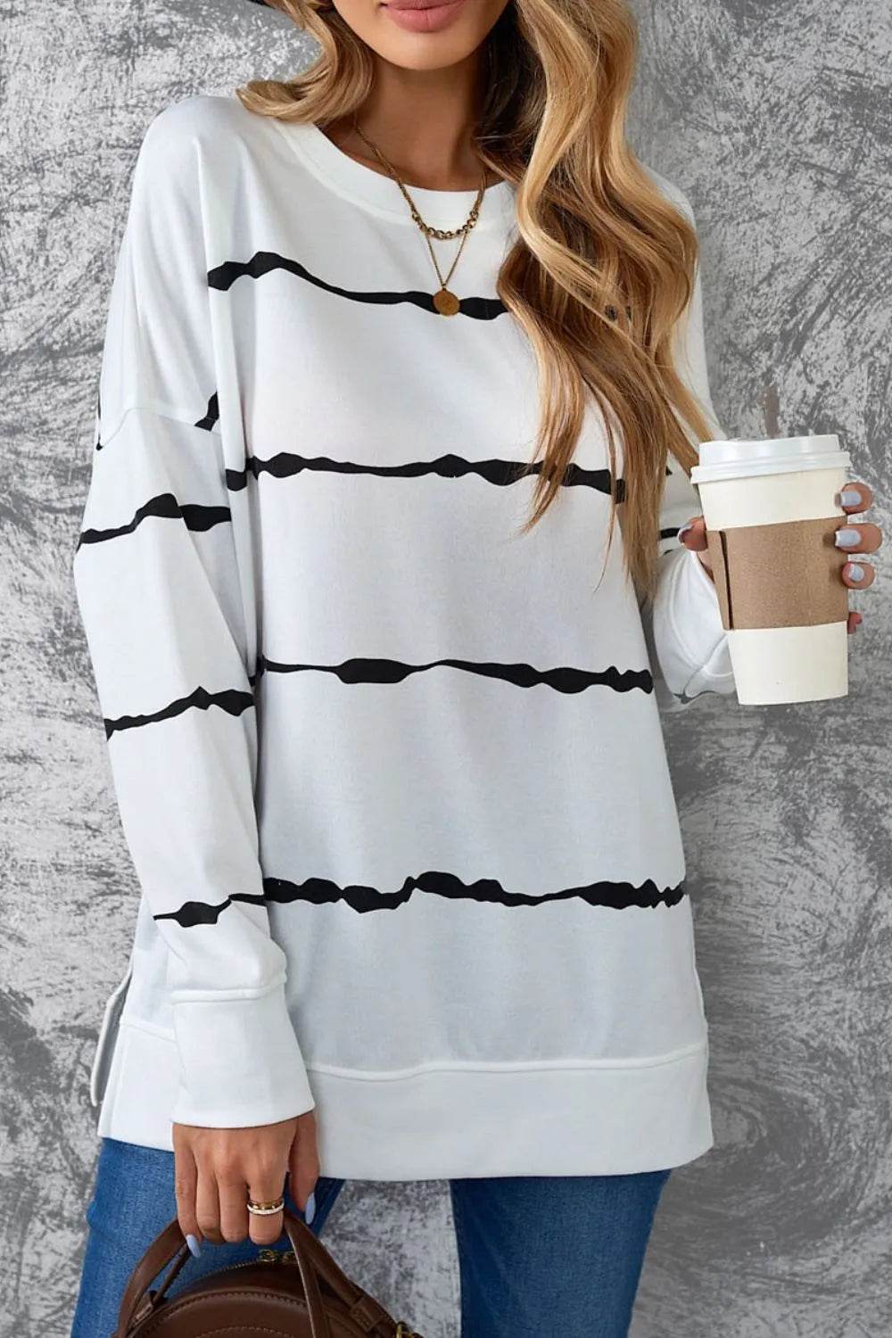 Slit Contrast Striped Round Neck Long Sleeve T-Shirt - Bona Fide Fashion
