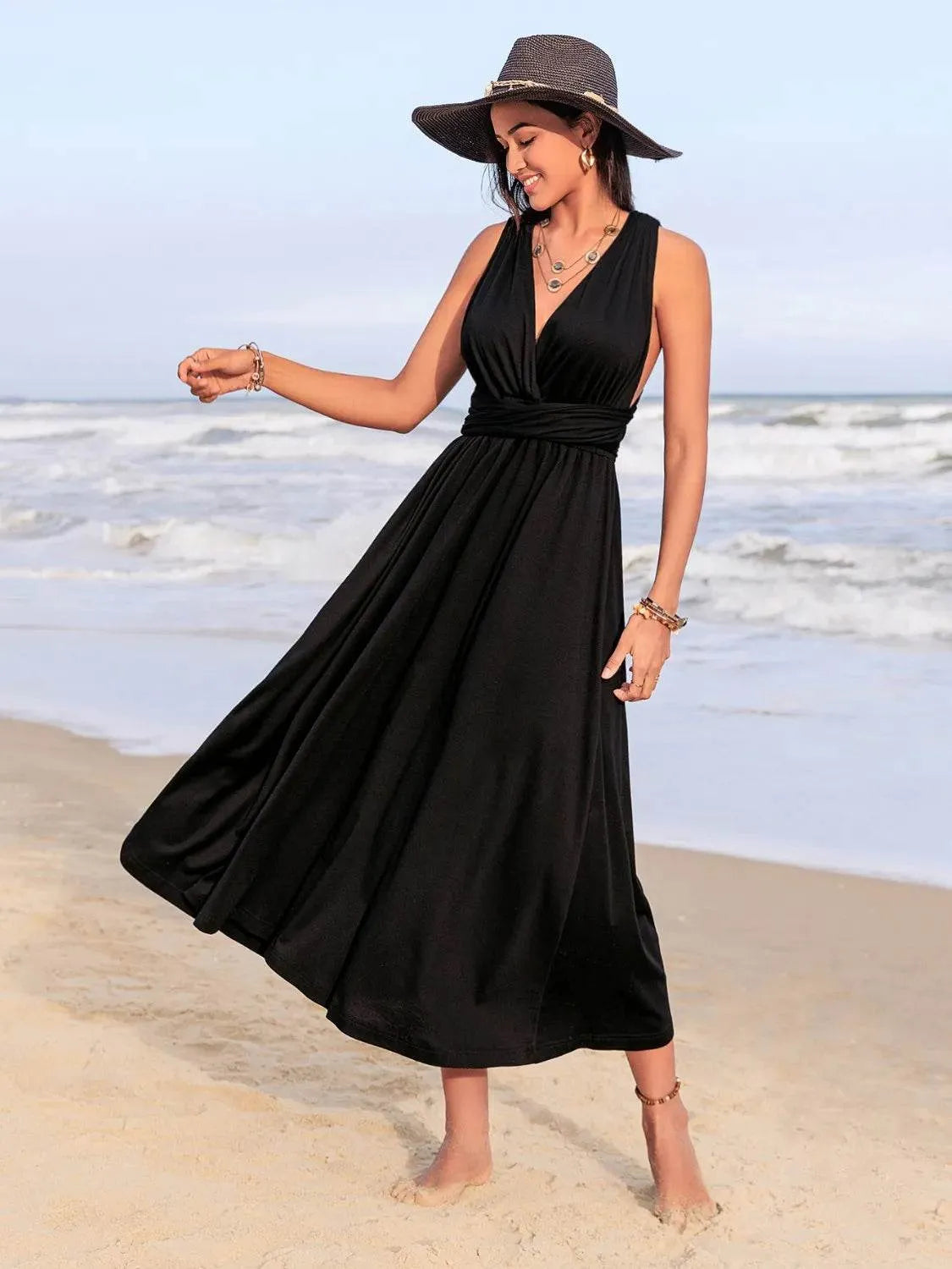 Surplice Sleeveless Ruched Midi Dress - Bona Fide Fashion