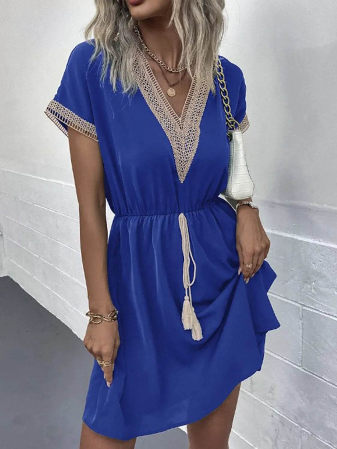 Full Size Tassel V-Neck Short Sleeve Dress Plus Size - Bona Fide Fashion