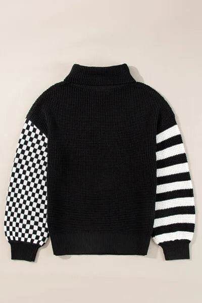 Striped & Checkered Turtleneck Dropped Shoulder Sweater - Bona Fide Fashion