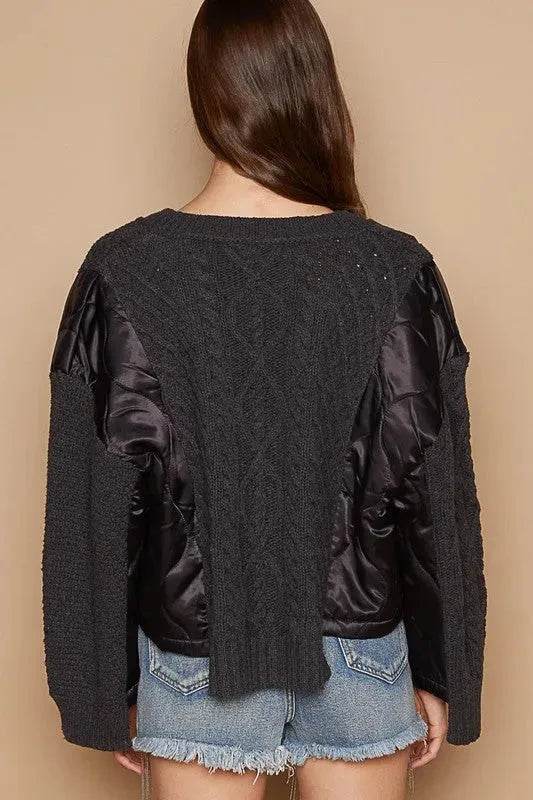 POL Cable Knit Quilting Patch V-Neck Sweater - Bona Fide Fashion