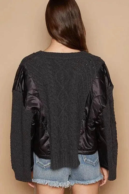 POL Cable Knit Quilting Patch V-Neck Sweater - Bona Fide Fashion