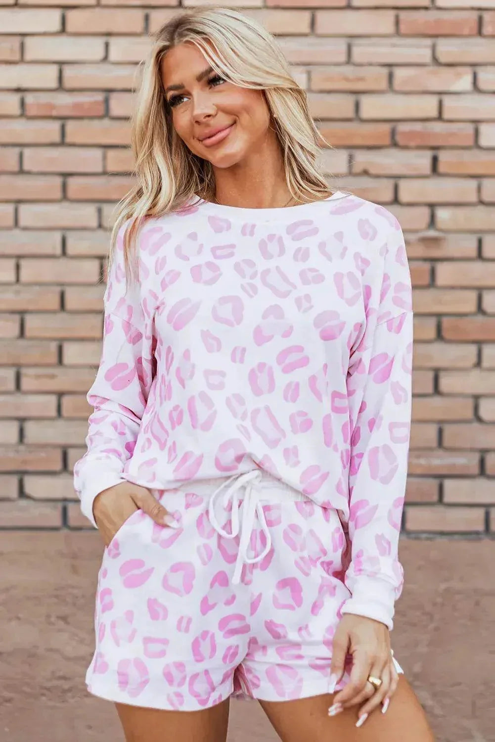 Leopard Long Sleeve and Drawstring Shorts Lounge Set - Bona Fide Fashion